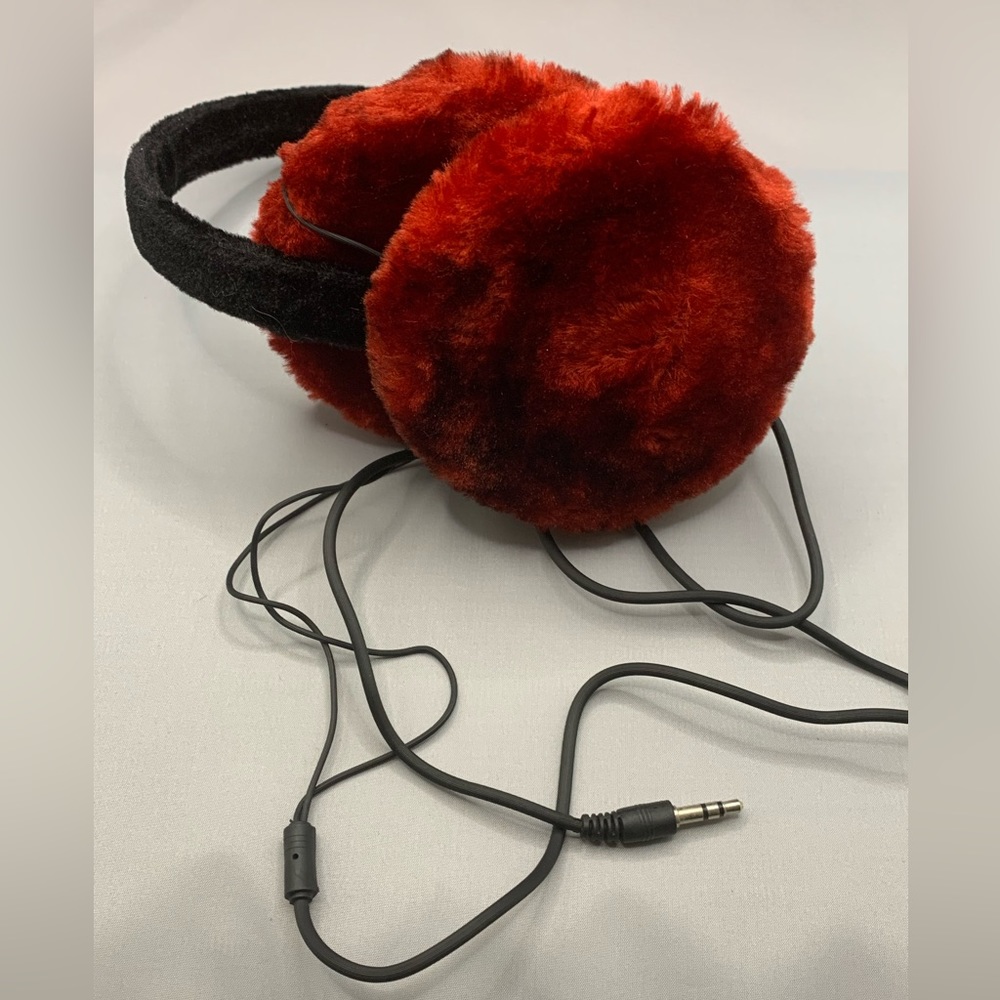 Red Faux Fur Earmuffs with head phone jack. New without tags